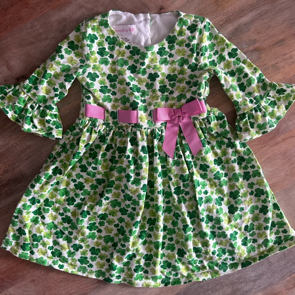 Bonnie Baby Saint Patrick’s Day Shamrock Clover Dress with Pink Bow
